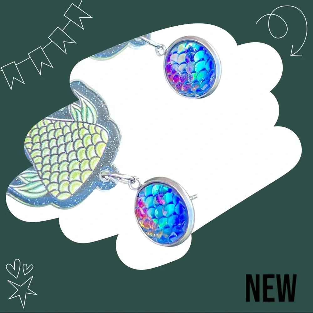 New Relief Double-sided Sparkling Multi-color Mermaid Fishtail Acrylic Earrings - Picture 4 of 8